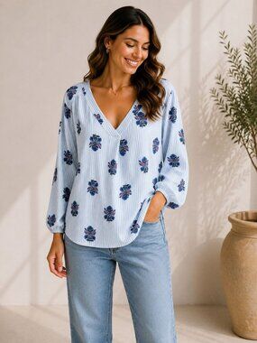 St John's Bay Womens 2X Blue Floral Striped Tunic Blouse Rayon Long Sleeve NWT